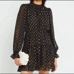 o.p.t Smocked Black Long-Sleeve Dress with Gold Accent